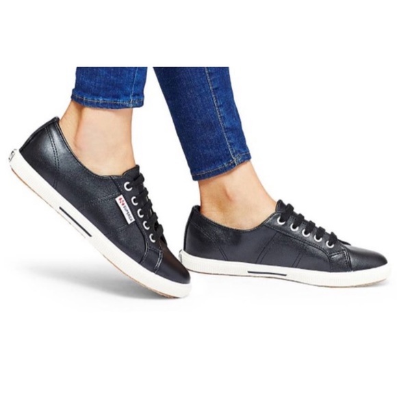 black faux leather sneakers